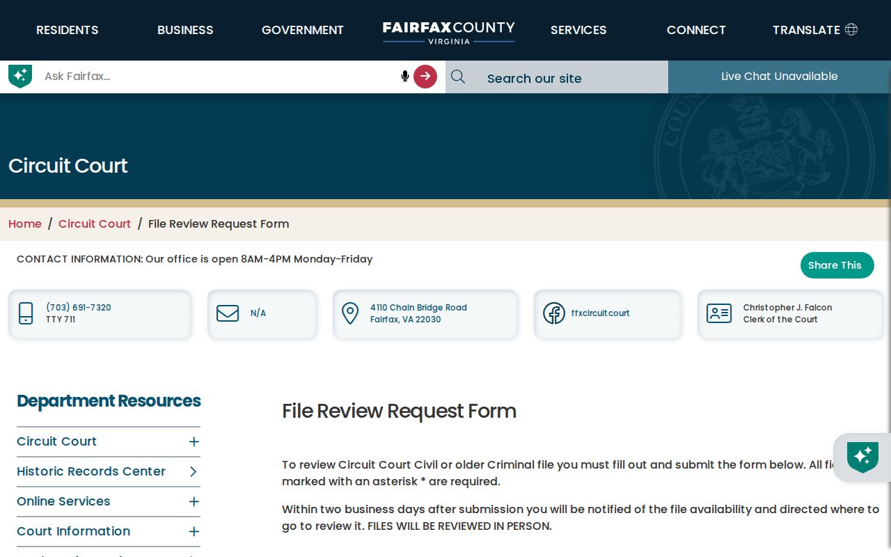 Oakton resident lookup Fairfax Circuit file review form