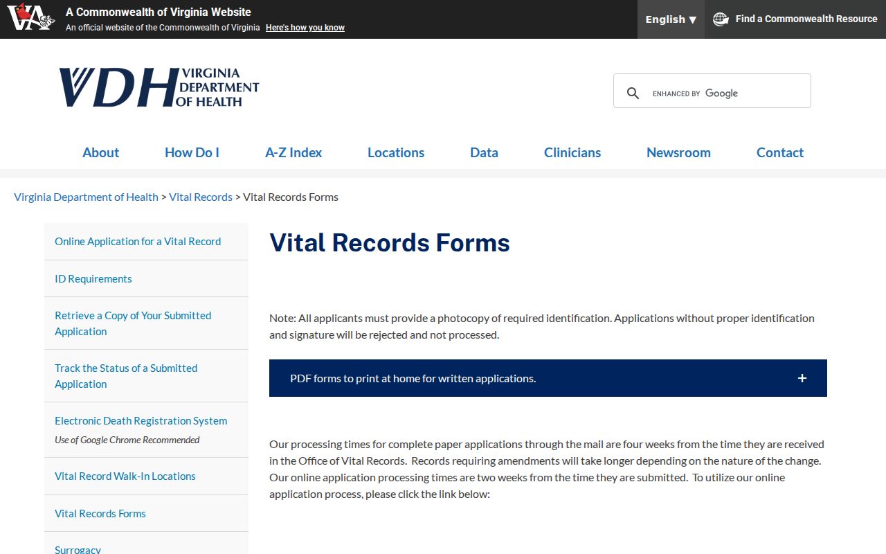 Oakton resident lookup Virginia vital record forms
